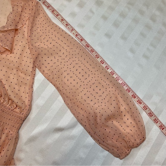 NSR Peach and Black Polka-Dot Dress Sz S Sheer Ruffled V-Neck Elastic Waist - Picture 8 of 11